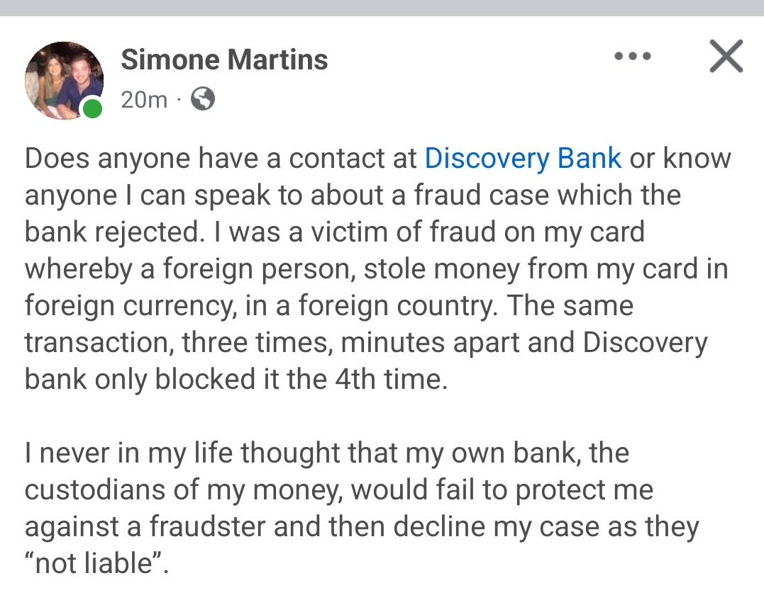 Dean Horwitz (@fitfoodtravelsa) on Twitter photo Absolutely pathetic from <a href="/Discovery_SA/">@Discovery_SA</a> refusing a legitimate fraud claim! Can't understand how they work and why this is allowed!
<a href="/wendyknowler/">Wendy Knowler</a>
<a href="/carteblanchetv/">Carte Blanche</a> Absolutely pathetic from <a href="/Discovery_SA/">@Discovery_SA</a> refusing a legitimate fraud claim! Can't understand how they work and why this is allowed!
<a href="/wendyknowler/">Wendy Knowler</a>
<a href="/carteblanchetv/">Carte Blanche</a>