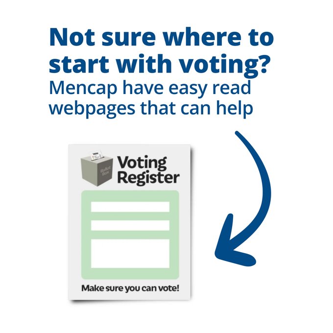 Sometimes voting can be a difficult process to follow. Especially if you're disabled or have a learning disability.

<a href="/mencap_charity/">Mencap</a> have quick and easy step-by-step guides on how to vote in the #GeneralElection on 4 July ⤵️ mencap.org.uk/get-involved/c…