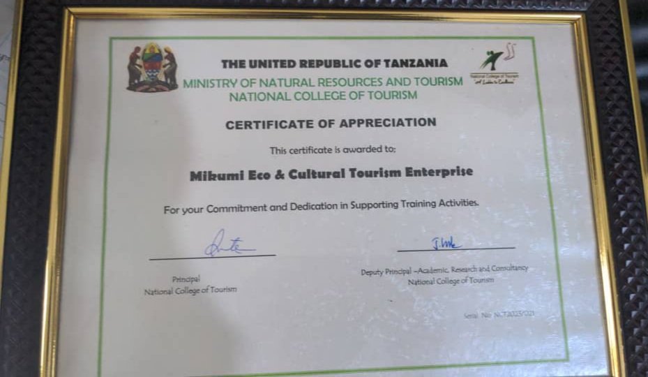 Delighted to received a certificate of appreciation from <a href="/NCTTanzania/">NCTTanzania</a> National College of Tourism Tanzania.

Ahsante sana, tunashukuru kwa shughuli zetu za utalii kuwa sehemu ya mafunzo kwa wanafunzi wenu kupata uzoefu na ujuzi.
#thingstodoinmikumi #chizuawaterfalls  #visitmikumi