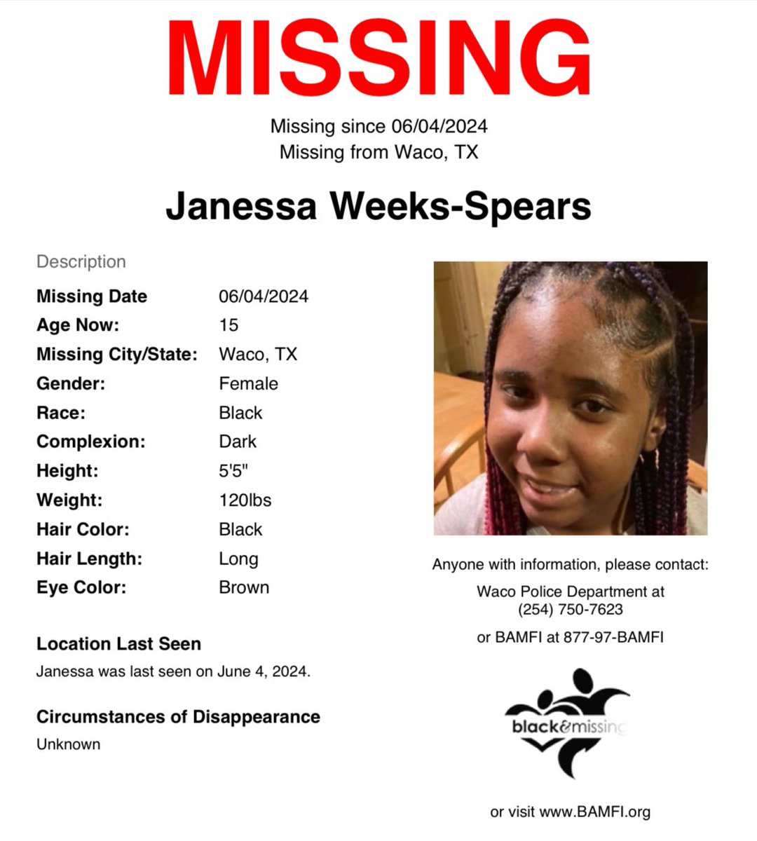 #Waco, #TX: 15y/o Janessa Weeks-Spears was last seen on June 4th wearing a black shirt with white letters saying “Secure” and black shorts.

Please share to #HelpUsFindJanessaWeeksSpears #JanessaWeeksSpears