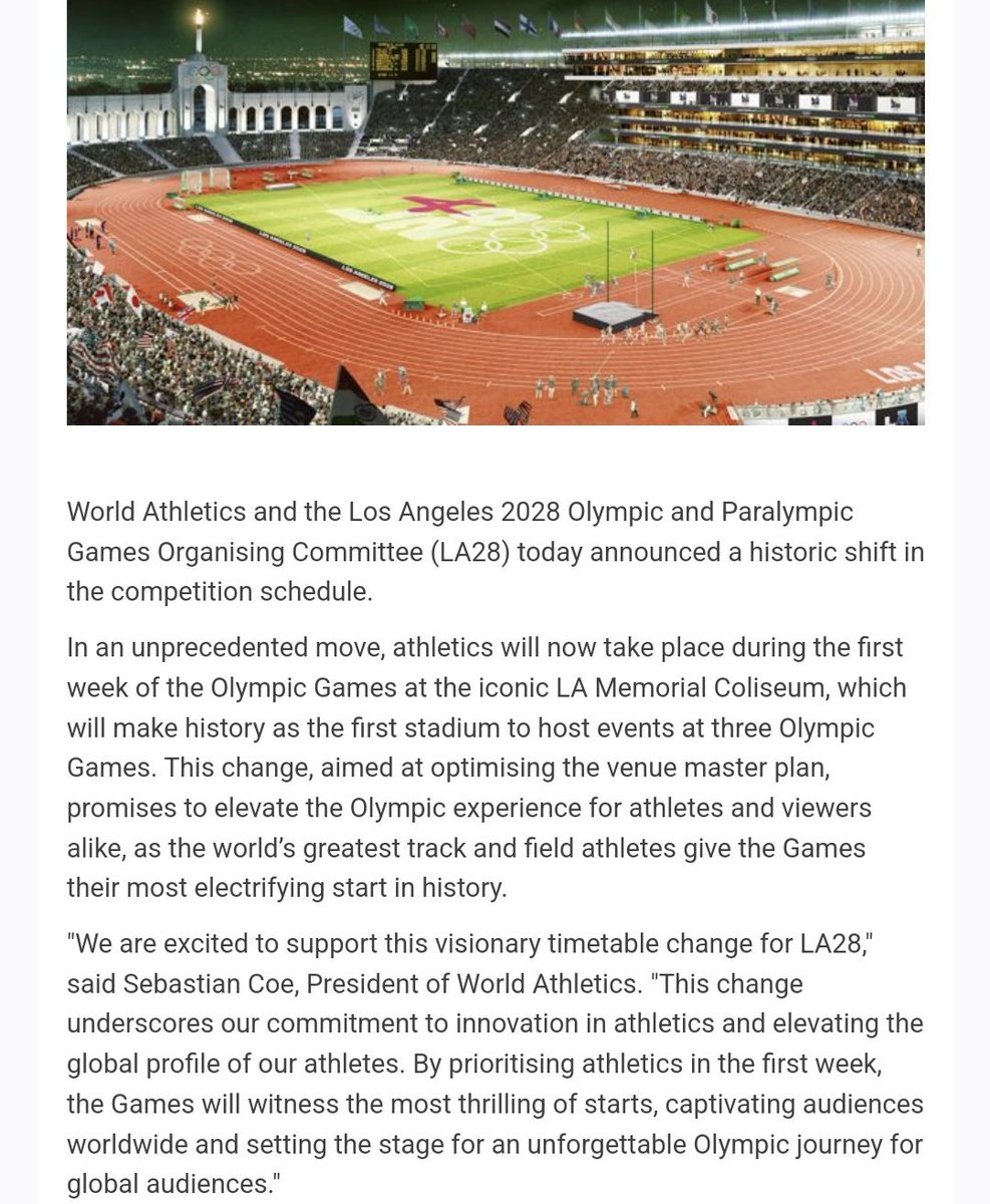 Cathal_Dennehy's tweet photo. This will take some getting used to.

Athletics will swap places with swimming at the 2028 Los Angeles Olympics and take place over the opening week of the Games.

The marathons will remain on the final weekend. https://t.co/ZNyoIAyCpU
