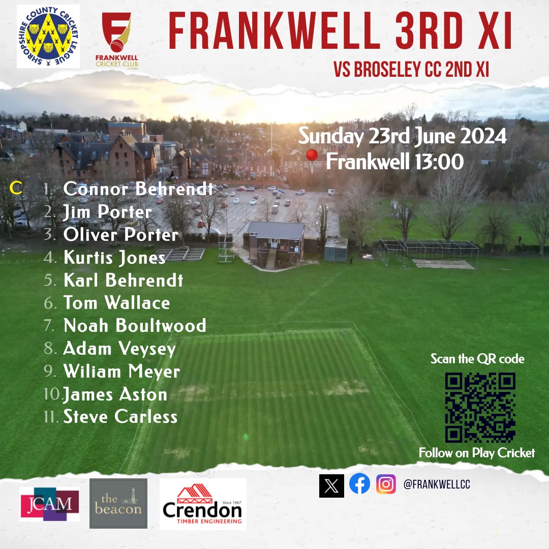🚨WEEKEND TEAM NEWS🚨

1st XI Home vs Albrighton 1st XI
2nd XI Away vs Bomere Heath 2nd XI
3rd XI Home vs Broseley 2nd XI

#frankwellcc #forzafrankwell #GoWell