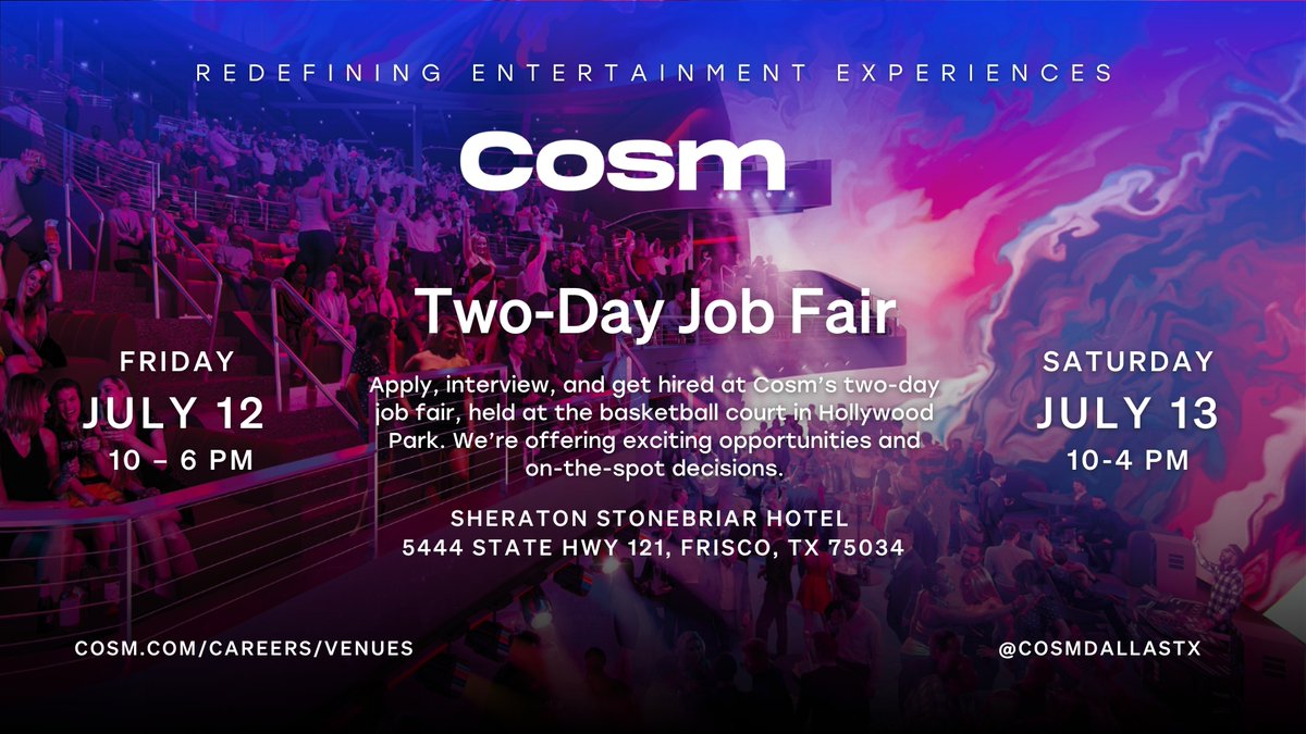 Job Opportunity Alert!🚨 

Elevate your career and be part of Cosm Dallas' inaugural team! Join us at Sheraton Stonebriar Hotel on July 12 &amp; 13 for a two-day hiring fair where we'll be offering exciting career opportunities and on-the-spot decisions.

From hospitality to guest
