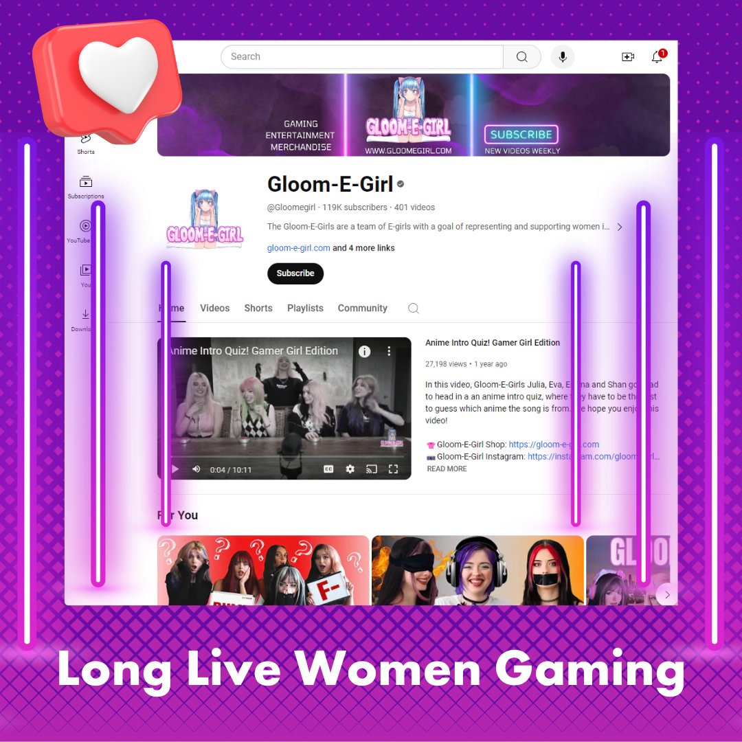 Long Live Women Gaming

The Gloom-E-Girls are a team of E-girls with a goal of representing and supporting women in the gaming space. 
🎉120K thousand subscribers. Gloom.tube