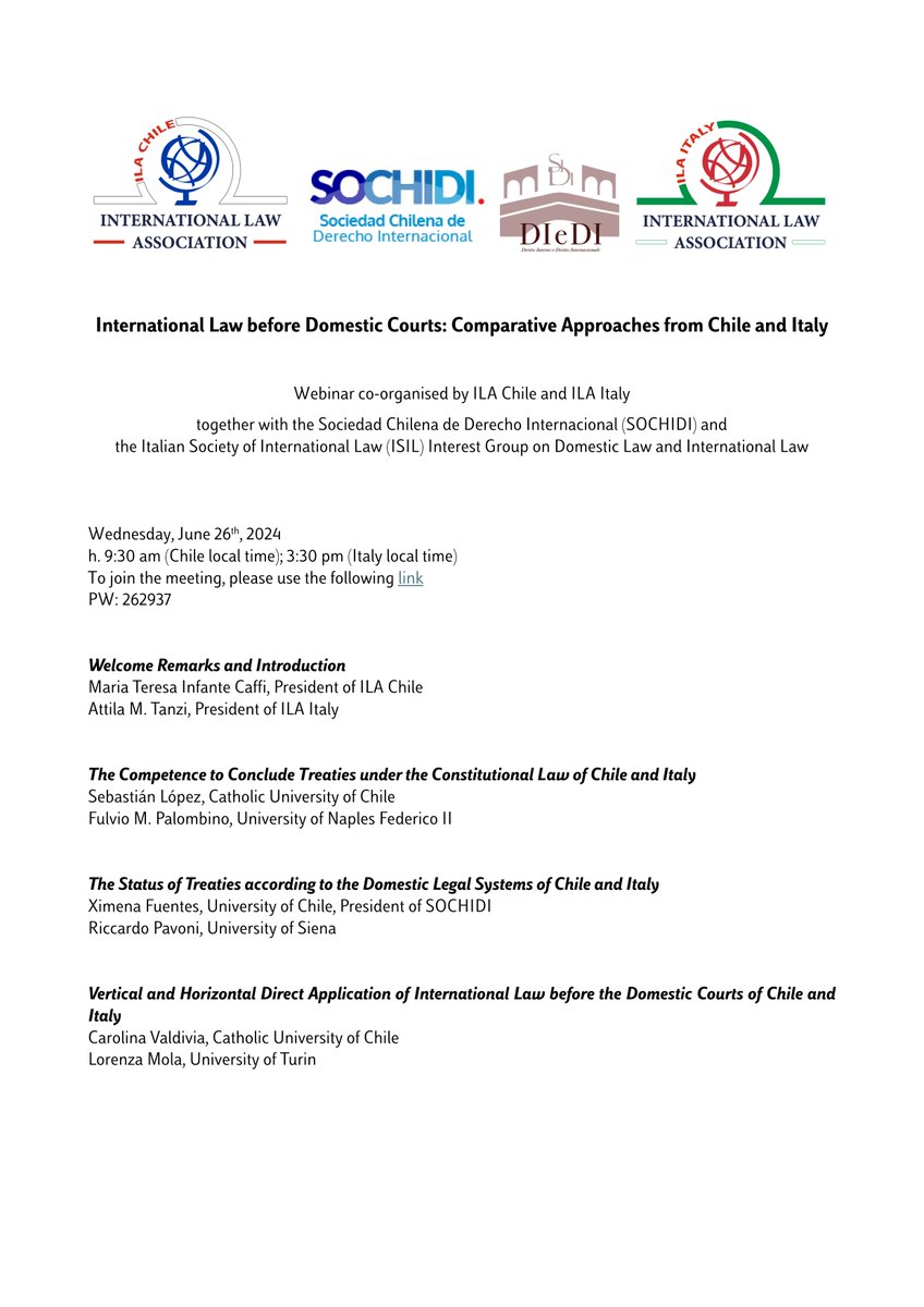 International Law before Domestic Courts: Comparative Approaches from Chile and Italy 

Webinar co-organised by <a href="/ILA_official/">International Law Association (ILA)</a> Chile and Italy together with @SoChiDerIntl and <a href="/SIDIorg/">SIDI-ISIL</a>

Wednesday, June 26th, 2024
sochidi.cl/international-…