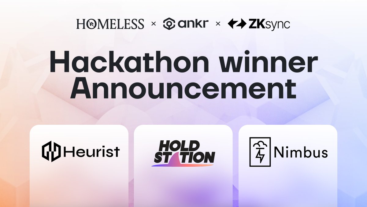 The winners from our hackathon with <a href="/zksync/">ZKsync</a> &amp; <a href="/HomelessVen/">Homeless Ventures</a> are here 🎉

🏆 Please join us in congratulating 🏆

🔹 <a href="/heurist_ai/">Heurist</a>
🔹 <a href="/HoldstationW/">Holdstation - The DeFAI Smart Wallet</a>
🔹 <a href="/get_nimbus/">Nimbus 🌩️ - Web3 Data layer for your dAPP</a>

These projects have all created something truly valuable for the web3 community!

Let's dive deeper 🧵