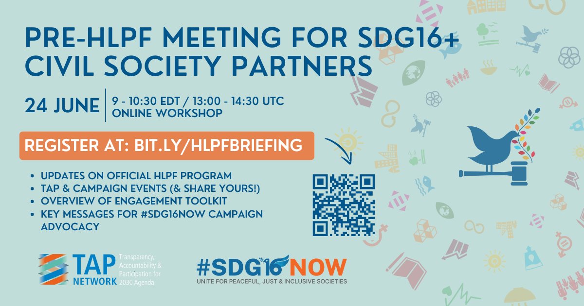AfPeacebuilding's tweet photo. 📆 SAVE THE DATE!
Join us for a 2024 #HLPF Briefing for important updates, information & opportunities to engage with the #TAPNetwork & #SDG16Now Campaign at the 2024 High-level Political Forum.
⏰: Monday June 24th, at 9AM ET
🔗: https://t.co/ZgtmZdVbqB https://t.co/tkmxz2PjAV