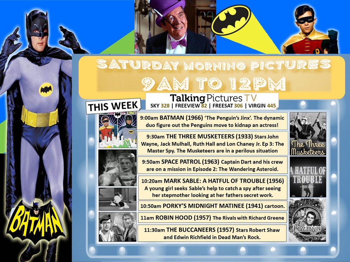 TalkingPicsTV's tweet image. A packed SATURDAY MORNING PICTURES 9am-12noon tomorrow with BATMAN, SPACE PATROL, THE BUCCANEERS and ROBIN HOOD, plus a crime drama with MARK SABER and a classic cartoon with PORKY PIG. So grab the sherbet lemons and see you at the bus stop! #TPTVsubtitles