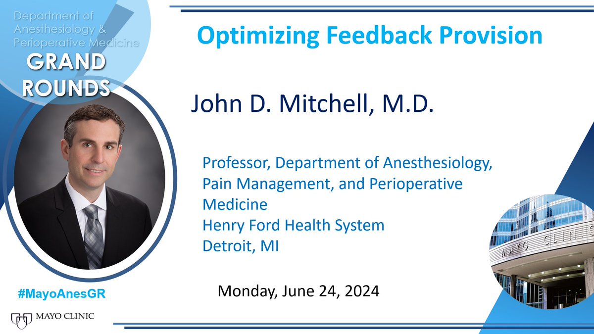 Mayo Clinic Department of Anesthesiology (@mayoanesthesia) on Twitter photo We are looking forward to hosting Dr. John Mitchell as our upcoming grand rounds speaker. He will present "Optimizing Feedback Provision"
#MayoAnesGR
<a href="/MayoAnesRes/">MayoAnesthesiaResMN</a> <a href="/mollymhherr/">Molly Herr</a> <a href="/juangripoll1/">Juan G. Ripoll, MD</a>
#MedEd We are looking forward to hosting Dr. John Mitchell as our upcoming grand rounds speaker. He will present "Optimizing Feedback Provision"
#MayoAnesGR
<a href="/MayoAnesRes/">MayoAnesthesiaResMN</a> <a href="/mollymhherr/">Molly Herr</a> <a href="/juangripoll1/">Juan G. Ripoll, MD</a>
#MedEd