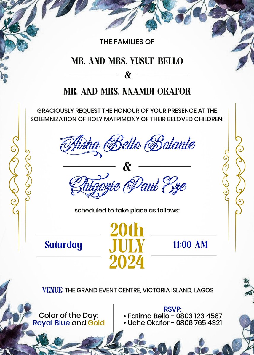 stefanchoju's tweet photo. Design-a-thon Challenge Day 15.
Love is in the air. ππ₯°π
Today's challenge was a wedding card invitation. I enjoyed designing this. The colours of the day are royal blue and gold so I decided to incorporate them in the design.
#thriink
#designathon
#designingwithabrief
#day15 https://t.co/jykl8PEmwR