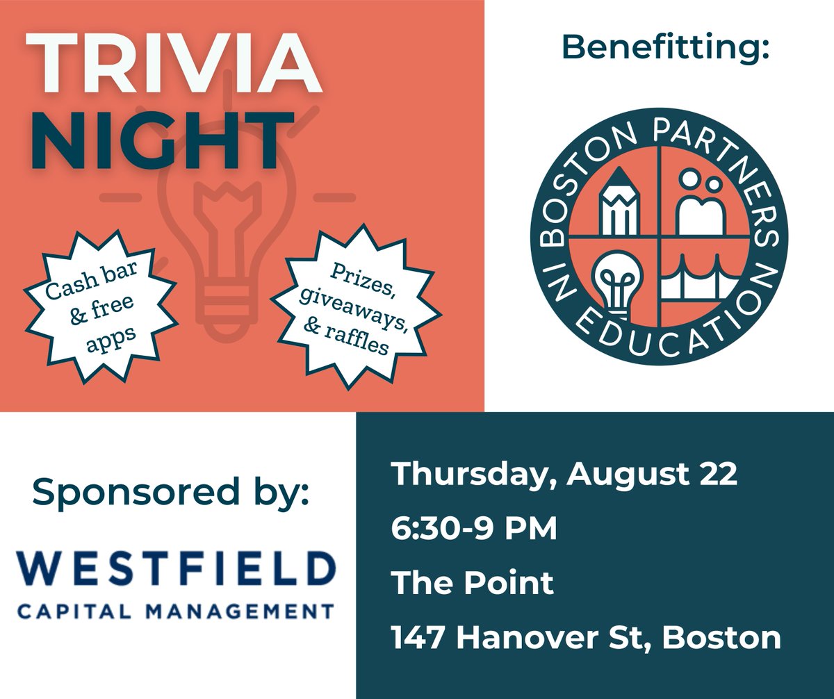 🌟 Get your game face on, Boston! 🌟 Join us for a night of brain-teasing fun at Boston Partners in Education's Trivia Night on August 22nd at The Point. 🎉 Test your knowledge, enjoy great company, and support a fantastic cause! See you there! ow.ly/FcY650Snnok🧠✨  #BPIE