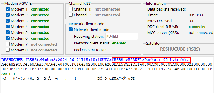 PU4ELT's tweet photo. 2024-06-21 15:10 UTC
#CubSat reception 🇷🇺 3U ReshUCube (#RS8S) at my QTH
I used my Yagi 7el UHF + RTL-SDR V3 Setup to decode 1 packet from the satellite
Uploaded to #SatNOGS DB
Successful reception on the frequency of 435.380 MHz (GMSK 9k6USP)
73 de PU4ELT 🇧🇷🇧🇷 !!! https://t.co/e26cgKBPKS