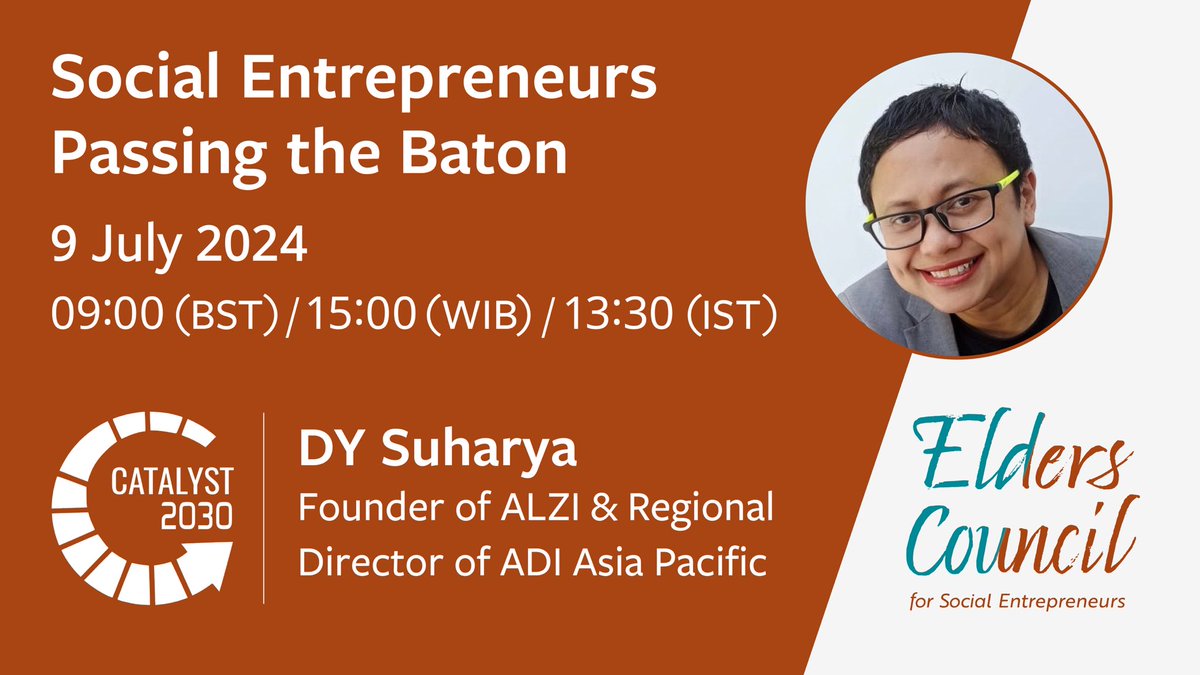 Elders Council for Social Entrepreneurs (@elderscouncilse) on Twitter photo Join us for a fireside chat with <a href="/DYSuharya/">DY SUHARYA</a> (<a href="/alzi_indonesia/">Alzheimer’s Indonesia</a>, <a href="/AlzDisInt/">ADI</a>). We’ll discuss practical steps in her #succession & setting an example to help protect the sustainability of the sector.
Register: us06web.zoom.us/meeting/regist…
#SocialEntrepreneurs #SuccessionPlanning Join us for a fireside chat with <a href="/DYSuharya/">DY SUHARYA</a> (<a href="/alzi_indonesia/">Alzheimer’s Indonesia</a>, <a href="/AlzDisInt/">ADI</a>). We’ll discuss practical steps in her #succession & setting an example to help protect the sustainability of the sector.
Register: us06web.zoom.us/meeting/regist…
#SocialEntrepreneurs #SuccessionPlanning