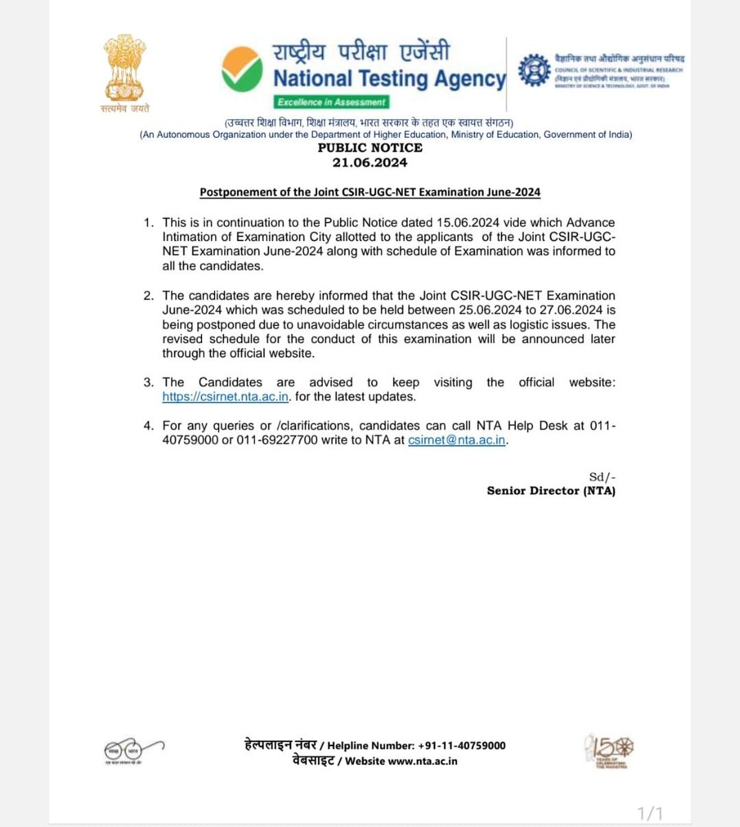 CitizenKabir's tweet image. One more exam postponed. NTA postpones Joint CSIR-UGC-NET Examination June-2024 due to UNAVOIDABLE CIRCUMSTANCES.

#ExamCancelled
#CSIR_NET
#UGC_NET
#UGCNET
#CSIRNET
#NEET