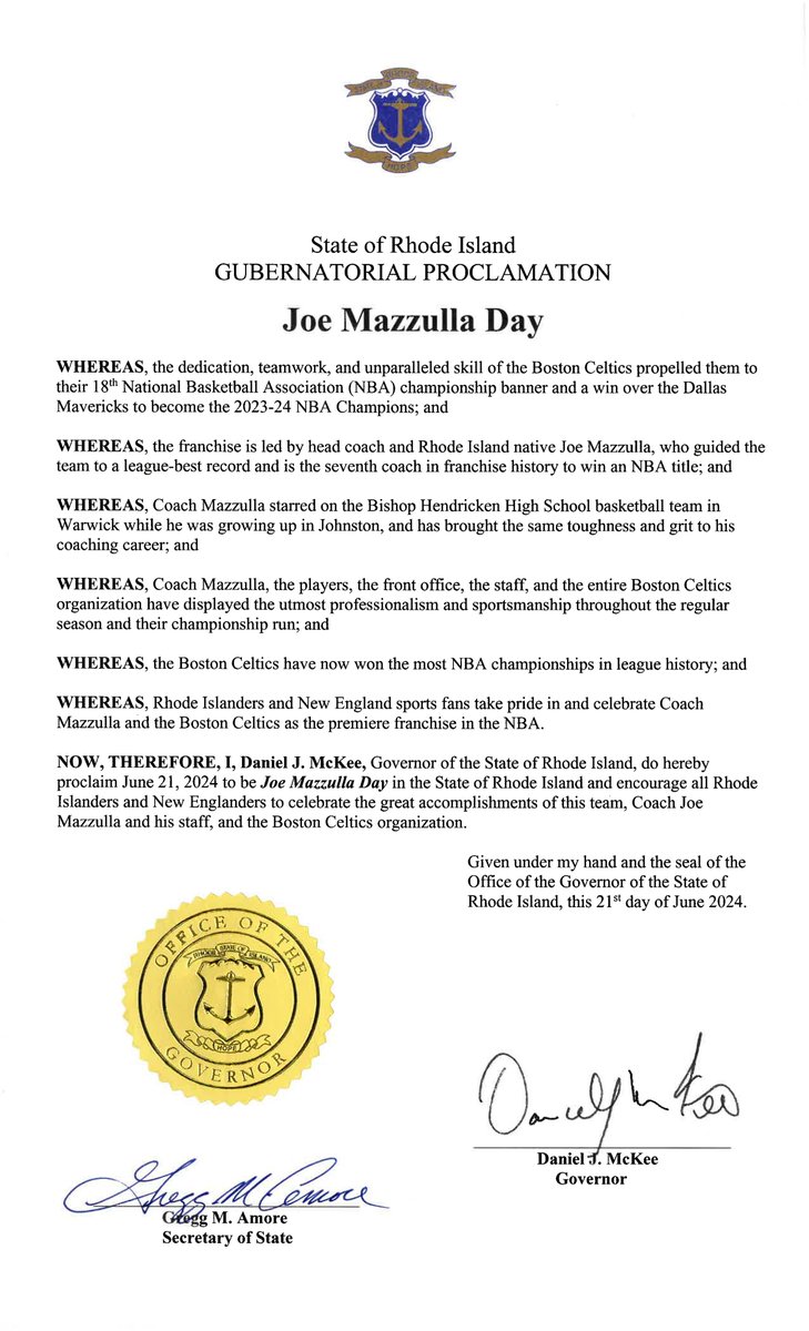 Parade Day!

As Rhode Island native Joe Mazzulla and the <a href="/celtics/">Boston Celtics</a> celebrate #Banner18, I’m happy to recognize today as ‘Joe Mazzulla Day’ in Rhode Island.

Coach - thank you for embodying the spirit of our state through leadership, toughness, and dedication.

#differenthere