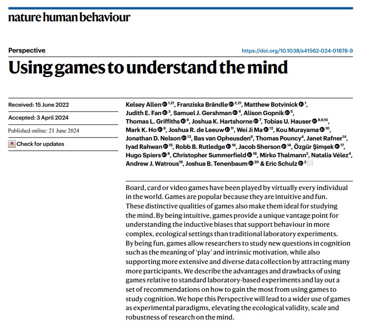 Center for Hybrid Intelligence (@cfhybridintel) on Twitter photo Excited to share our latest collaborative paper, "Using Games to Understand the Mind," now published in Nature Human Behaviour!🎉 Congratulations to <a href="/jacobsherson/">Jacob Friis Sherson</a> , <a href="/jrafner/">Janet Rafner</a> , and the entire team! Dive into new insights on using games to study cognition and human behavior. Excited to share our latest collaborative paper, "Using Games to Understand the Mind," now published in Nature Human Behaviour!🎉 Congratulations to <a href="/jacobsherson/">Jacob Friis Sherson</a> , <a href="/jrafner/">Janet Rafner</a> , and the entire team! Dive into new insights on using games to study cognition and human behavior.
