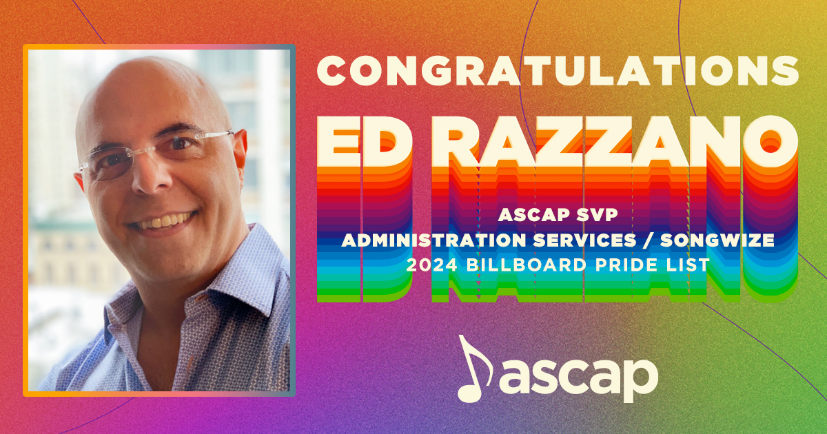 ASCAP's tweet photo. ASCAP SVP of Administration Services and SONGWIZE Ed Razzano was recognized as one of the music industry's most notable LGBTQ+ movers and shakers by Billboard. Congrats, Ed! https://t.co/oI5cSbUPhO https://t.co/wSp6RkGXLQ