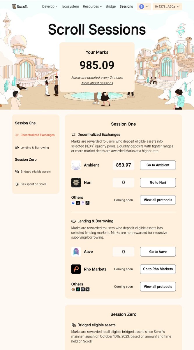 𝗦𝗰𝗿𝗼𝗹𝗹 𝗔𝗶𝗿𝗱𝗿𝗼𝗽 - 𝗦𝗲𝘀𝘀𝗶𝗼𝗻 𝟭 

<a href="/Scroll_ZKP/">Scroll</a> session one is now live without any official announcement 🤔

Anyway, here's what's new:

1/ Provide liquidity to whitelisted DeFi protocols to earn marks
2/ Deposit eligible assets to Lending &amp; Borrowing  dAPP such as