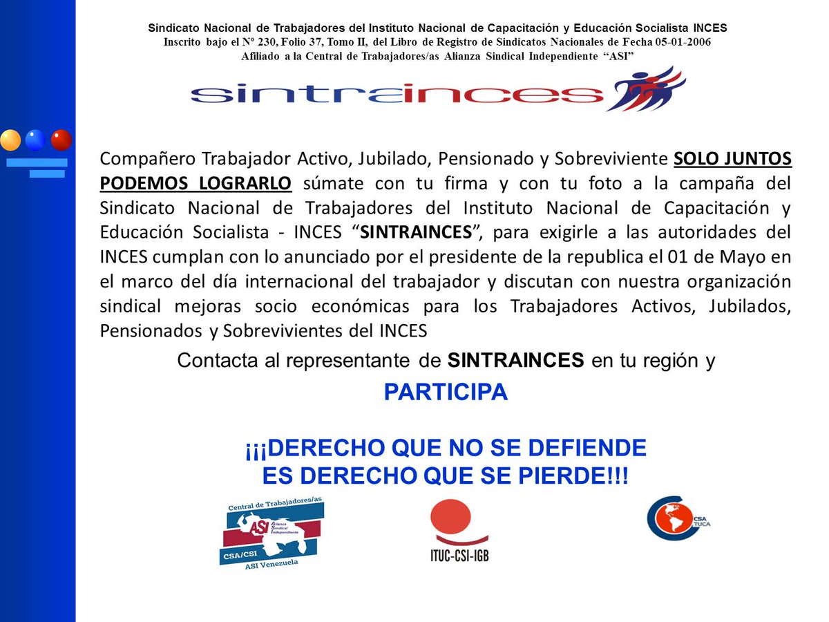 Sintrainces's tweet photo. Trabajador activo, jubilado, pensionado, sobreviviente @Sintrainces te invita a incorporarte a nuestra propuesta acércate a nuestros dirigentes seccionales para que conozcas nuestra propuesta 
DERECHO QUE NO SE DEFIENDE ES DERECHO QUE SE PIERDE https://t.co/l0hg0FVubt