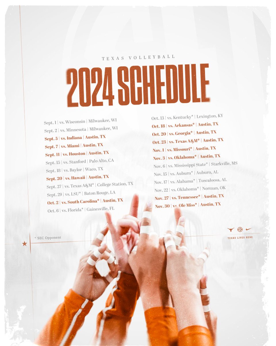 Texas Volleyball (@texasvolleyball) on Twitter photo Mark your calendars. π€
#HookEm Mark your calendars. π€
#HookEm