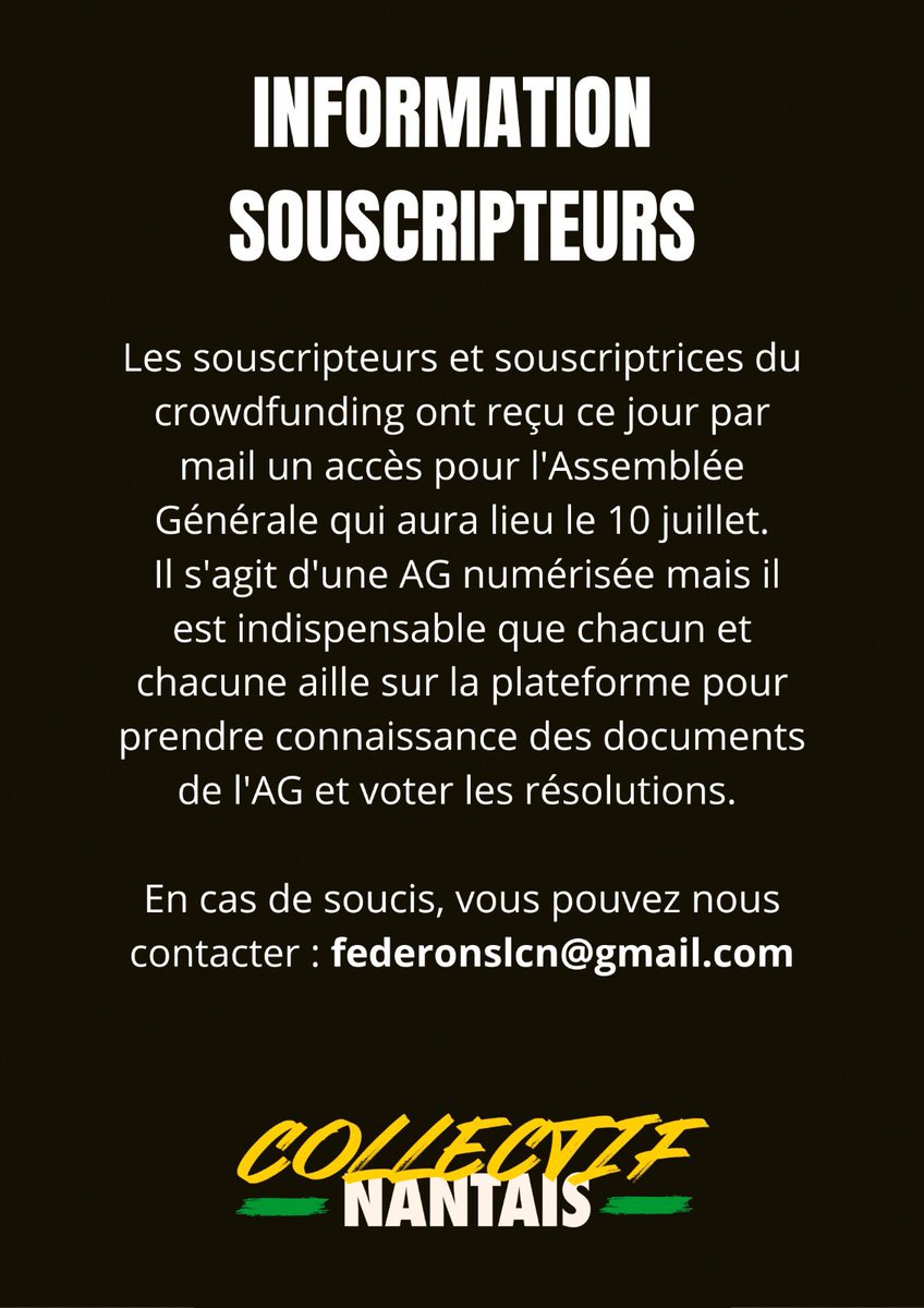 Souscripteurs et souscriptrices, consultez vos boîtes mails !
En cas de soucis : federonslcn@gmail.com