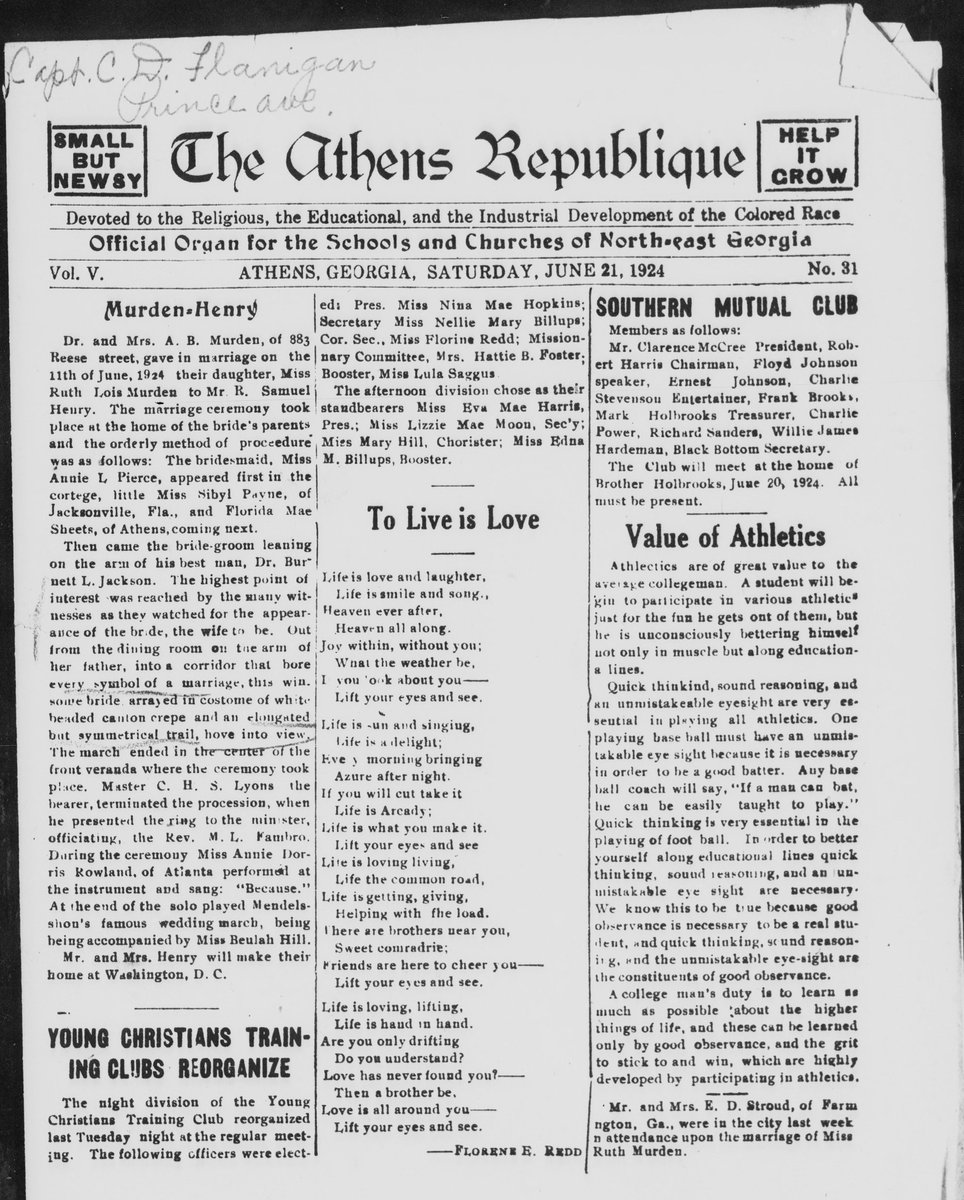 Happy Friday, everyone! Check out the front page of the Athens Republique from 100 years ago! The Athens Republique was a Black-owned newspaper published in Athens, Georgia during the early 20th century. #athensga #ChronAm

View the full issue here: chroniclingamerica.loc.gov/lccn/201223309…