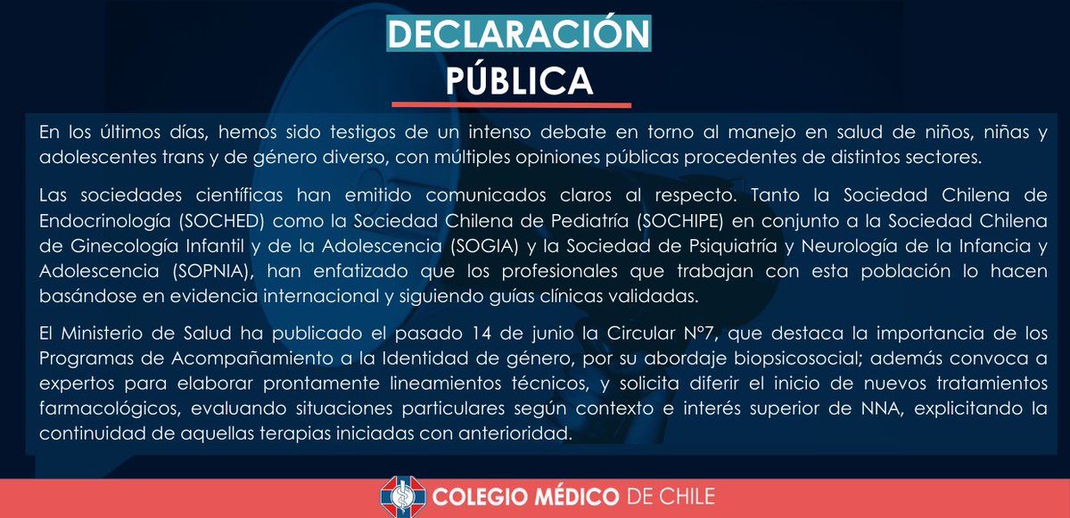 's tweet image. [#DeclaraciónPública] Nuestra Mesa Directiva Nacional se refiere al manejo médico en adolescentes trans y género diverso.
Los NNA son sujetos de derecho y, por lo tanto, es fundamental que su salud y bienestar biopsicosocial estén en el centro de esta discusión.
Como #COLMED