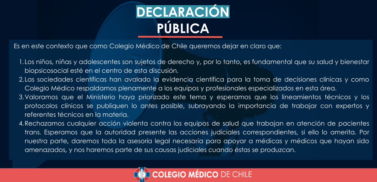 's tweet image. [#DeclaraciónPública] Nuestra Mesa Directiva Nacional se refiere al manejo médico en adolescentes trans y género diverso.
Los NNA son sujetos de derecho y, por lo tanto, es fundamental que su salud y bienestar biopsicosocial estén en el centro de esta discusión.
Como #COLMED