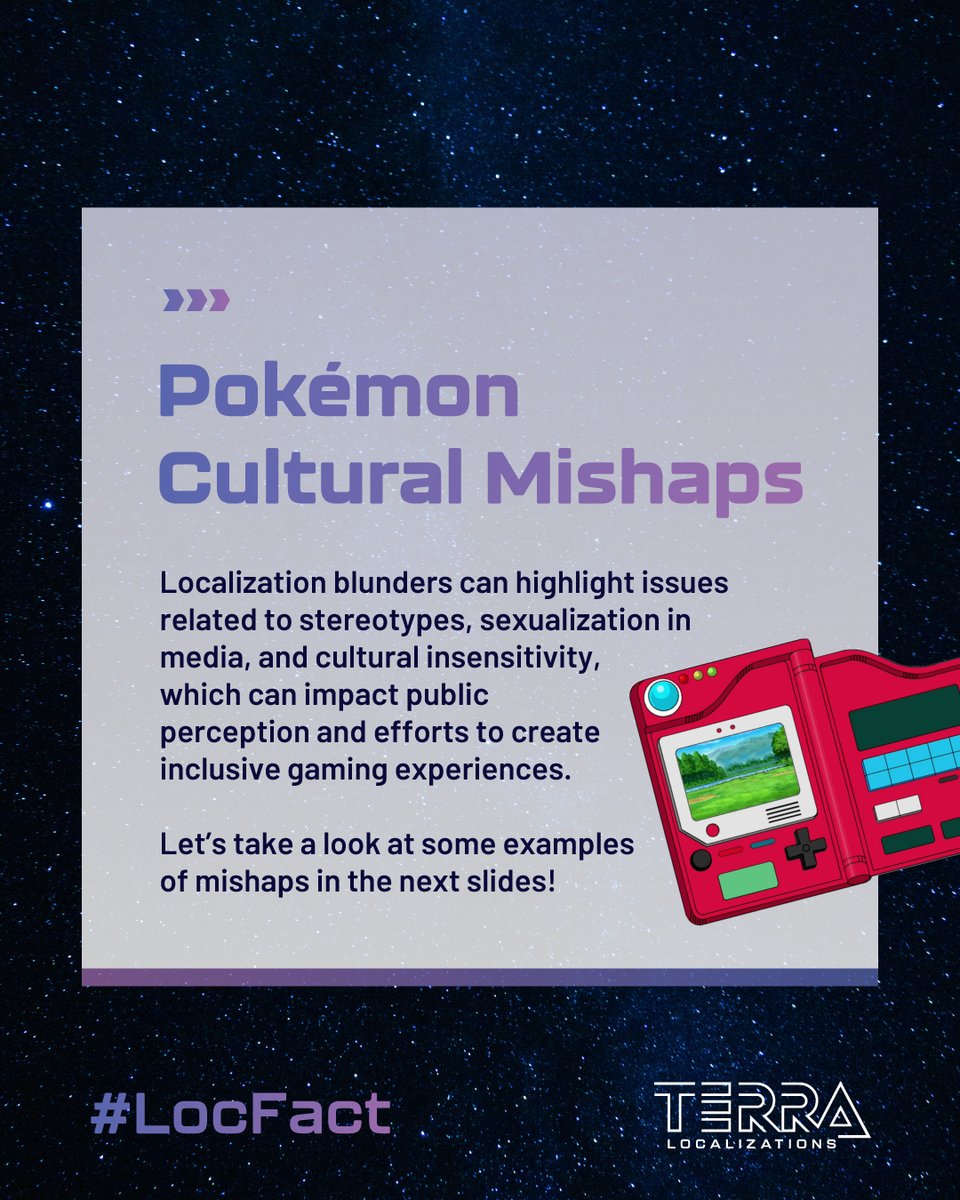 Terra_Loc's tweet photo. 🎮 #Localizing major franchises is challenging, especially when you consider how culturally diverse the target audiences are. The #Pokemon franchise is one that has made some controversial blunders that have hindered #Inclusion. Learn more about it in today’s #LocFact! 

#Gaming https://t.co/6REEicyk40