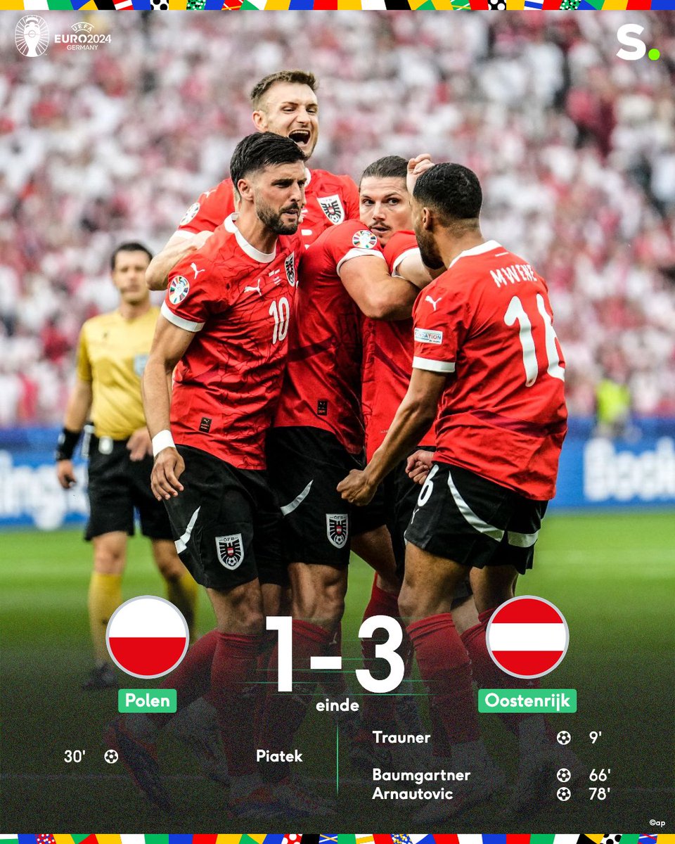 sporza's tweet photo. Oostenrijk doet weer vol mee in groep D na zege tegen Polen! #Euro2024 #POLOOS
Bekijk de goals: https://t.co/nAAsj2owzB https://t.co/M6RmLzsD4Q