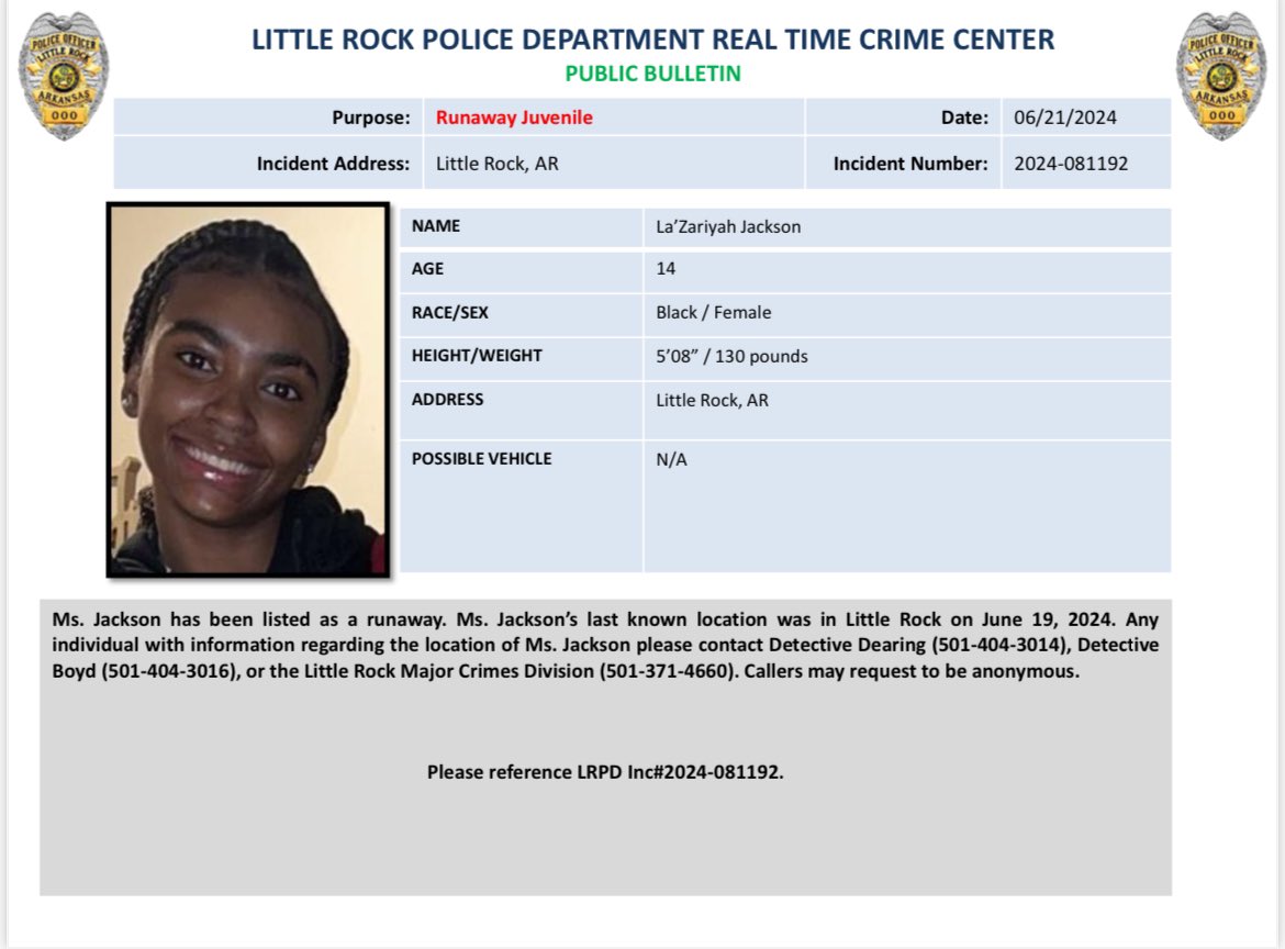 LRpolice's tweet photo. Help us locate Miss La’Zariyah Jackson. If you know of her whereabouts, contact detectives at 501-404-3014 or 501-371-4829. https://t.co/0thZp8y3lf
