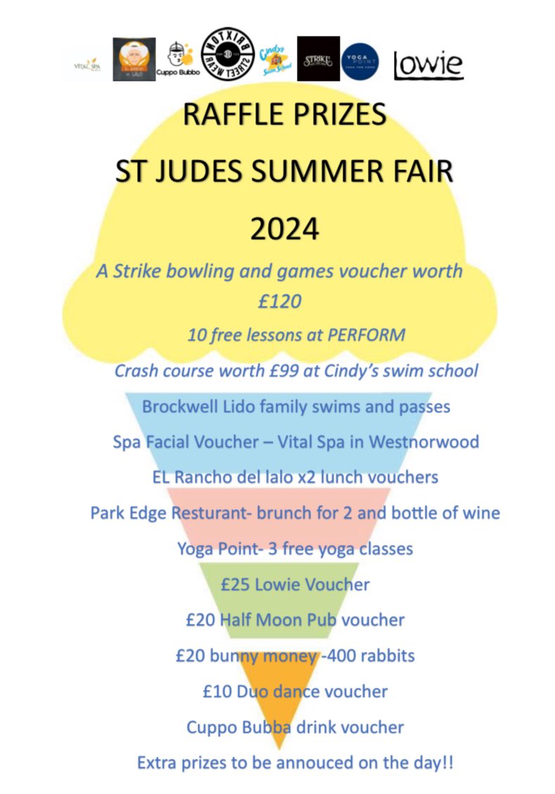🍦 <a href="/stjudeslambeth/">St Jude's C of E</a> SUMMER FAIR 🎡

Huge thanks to the amazing local business that have donated to the raffle!

<a href="/PerformUK/">Perform UK</a> 10 free lessons 🎭-
<a href="/bron_lowie/">Lowie_Bron</a> £25 voucher 👗
@GAILsBakery £20 voucher 🥐 
<a href="/TheHalfMoonPub/">Half Moon Pub</a> £20 voucher 🍺 
<a href="/thelidocafe/">400 Rabbits at The Lido</a> £20 🐰 Money 🍕 
<a href="/Brockwell_Lido/">Brockwell Lido</a> 🛟