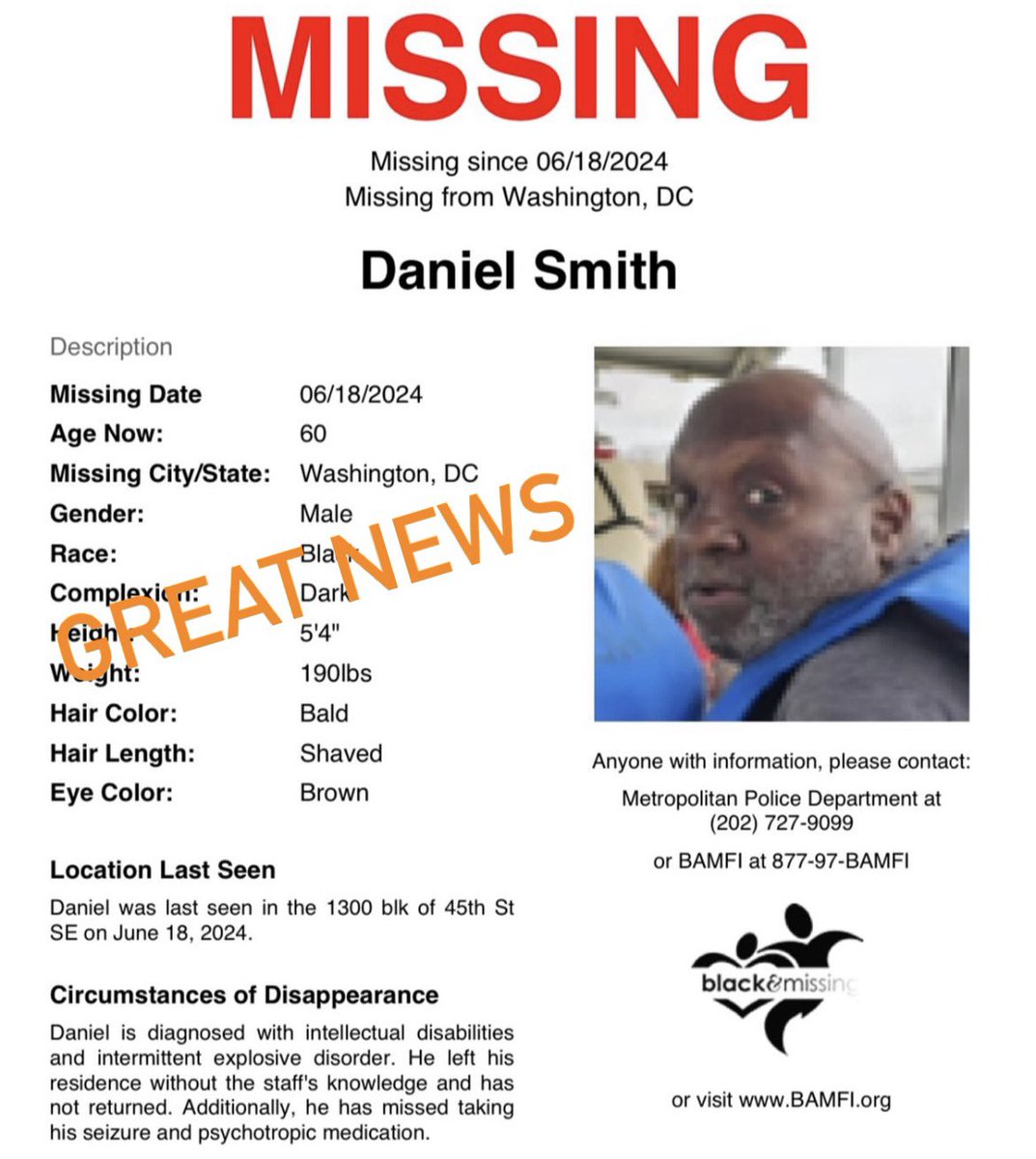 BAM_FI's tweet image. GREAT NEWS! DC PD has made it known that 60y/o Daniel Smith has been located. 

Thank you all for sharing his profile. 🧡