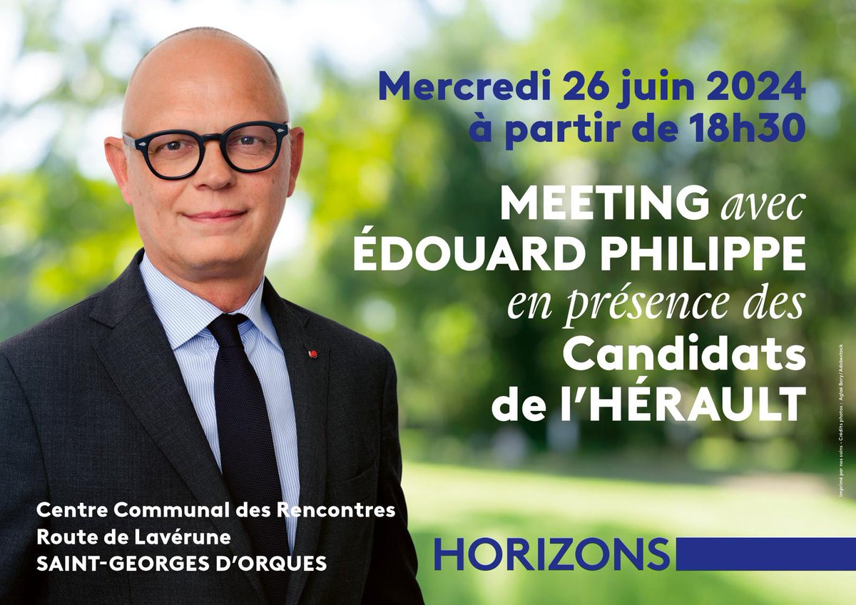 <a href="/EPhilippe_LH/">Edouard Philippe</a> sera en meeting pour soutenir nos 5 candidats <a href="/HorizonsLeParti/">Horizons</a> de l'Hérault : <a href="/FatimaAllaoui/">Fatima DaudéAllaoui</a> <a href="/AutierHorizons/">Isabelle Autier Horizons</a> <a href="/JFEliaou/">Jean-François Eliaou</a> <a href="/PhilippeHuppe/">Philippe HUPPE ✒️</a> et Jocelyne Gizardin, le 26 Juin à 18h30 à Saint Georges d'Orques autour de <a href="/JF_Audrin/">Jean-François Audrin</a>. 
Nous vous attendons nombreux !