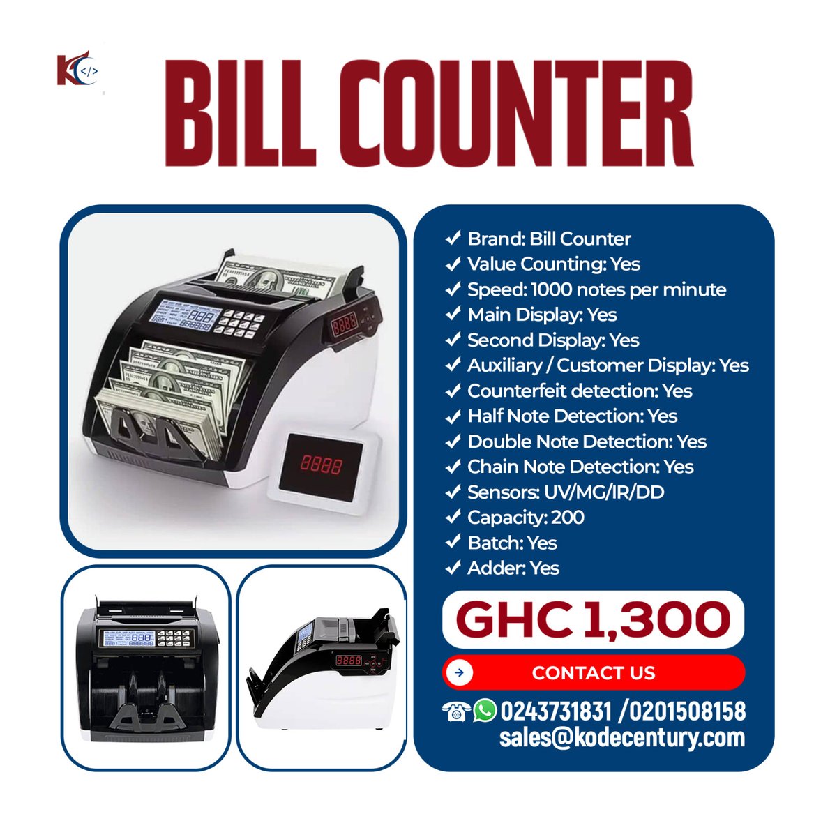 kodecentury's tweet image. Count your banknotes with ease, and guard your business from counterfeit notes!

#KodeCentury #cash #billcounter #cashcounter #smallbusiness #trendingnow #GhanaNews #ghana #pharmacy #restaurant #hotel #coffeeshop #mall #supermarket #wholesale #distributor #retail #bank