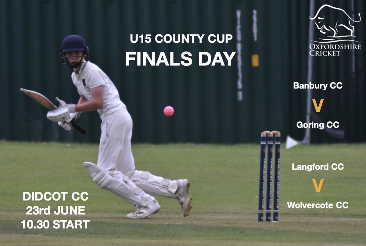 Our first junior club finals day of the year is upon us

U15 County Cup Finals Day
📍Didcot CC
📅 23rd June
⏰ 10:30 start

Join us to see which team will be crowned Oxfordshire champions and represent the county in the ECB competition