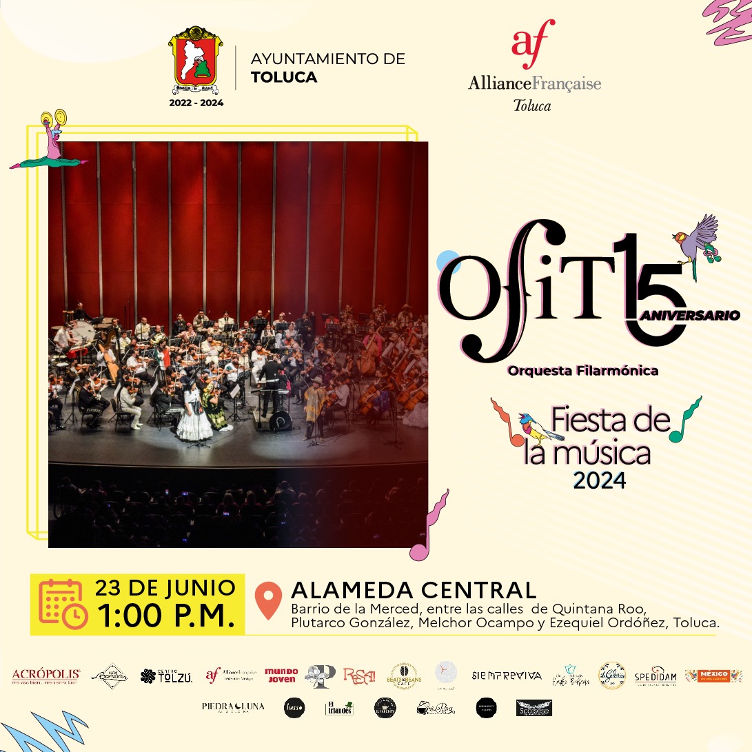 🎻 ¡Tu #OFiT se une a la celebración de la #FiestaDeLaMúsica2024! 🎉🎶

Disfruta de un domingo lleno de melodías que harán vibrar tus sentidos y llenarán tu corazón de alegría. 
📅 Domingo 23 de junio | 🕒 1:00 P.M. |📍 Alameda Central | 🎟️ Entrada GRATUITA.