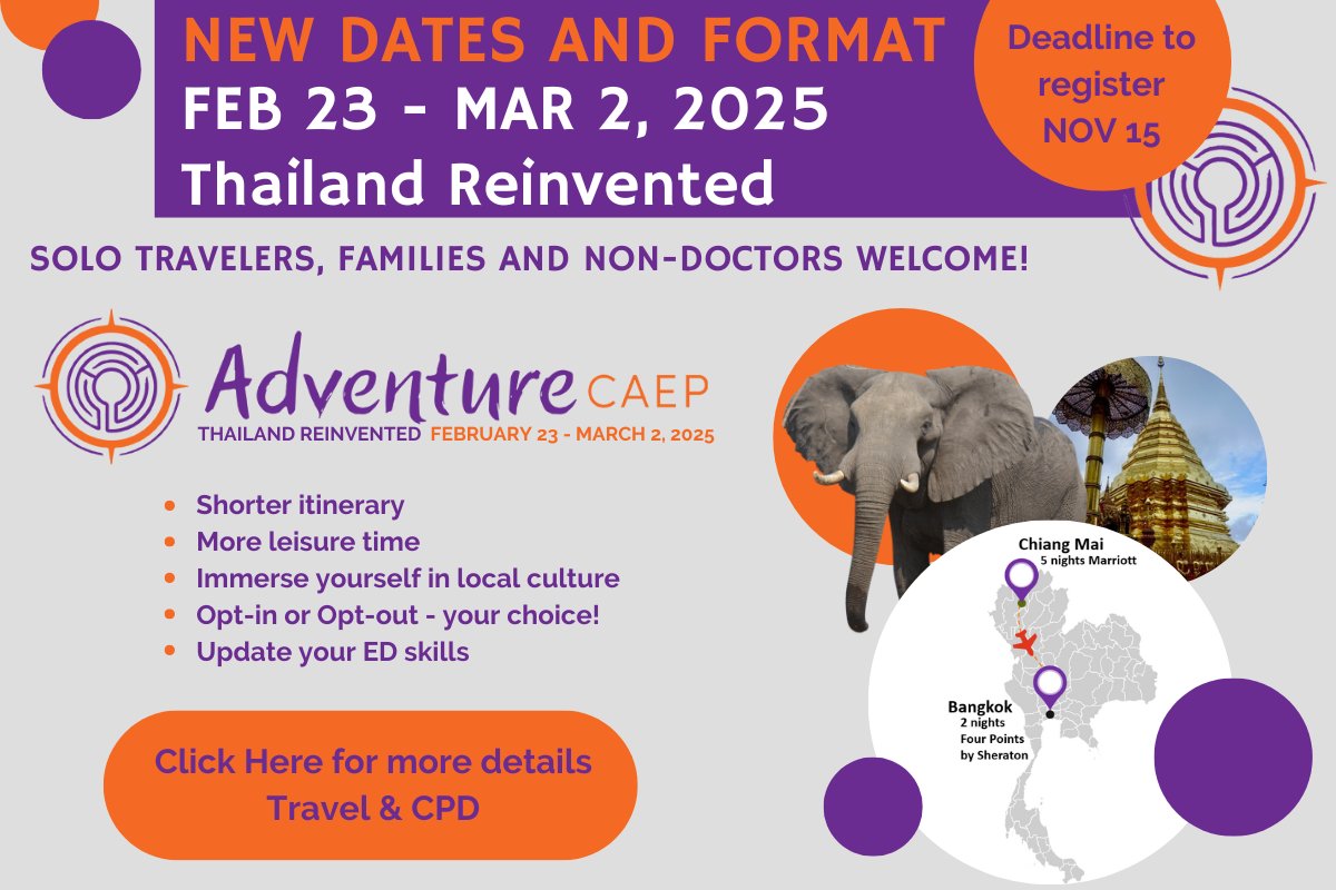 CAEP_Adventure's tweet image. Adventure CAEP is going to Thailand! NEW FORMAT: shorter itinerary, more free time, opt-in/opt-out to create your own adventure. Earn CPD credits &amp;amp; immerse yourself in local culture, a Thai cooking school, an elephant sanctuary @CAEP_Docs @CAEPConference 
caep.ca/adventure-caep/