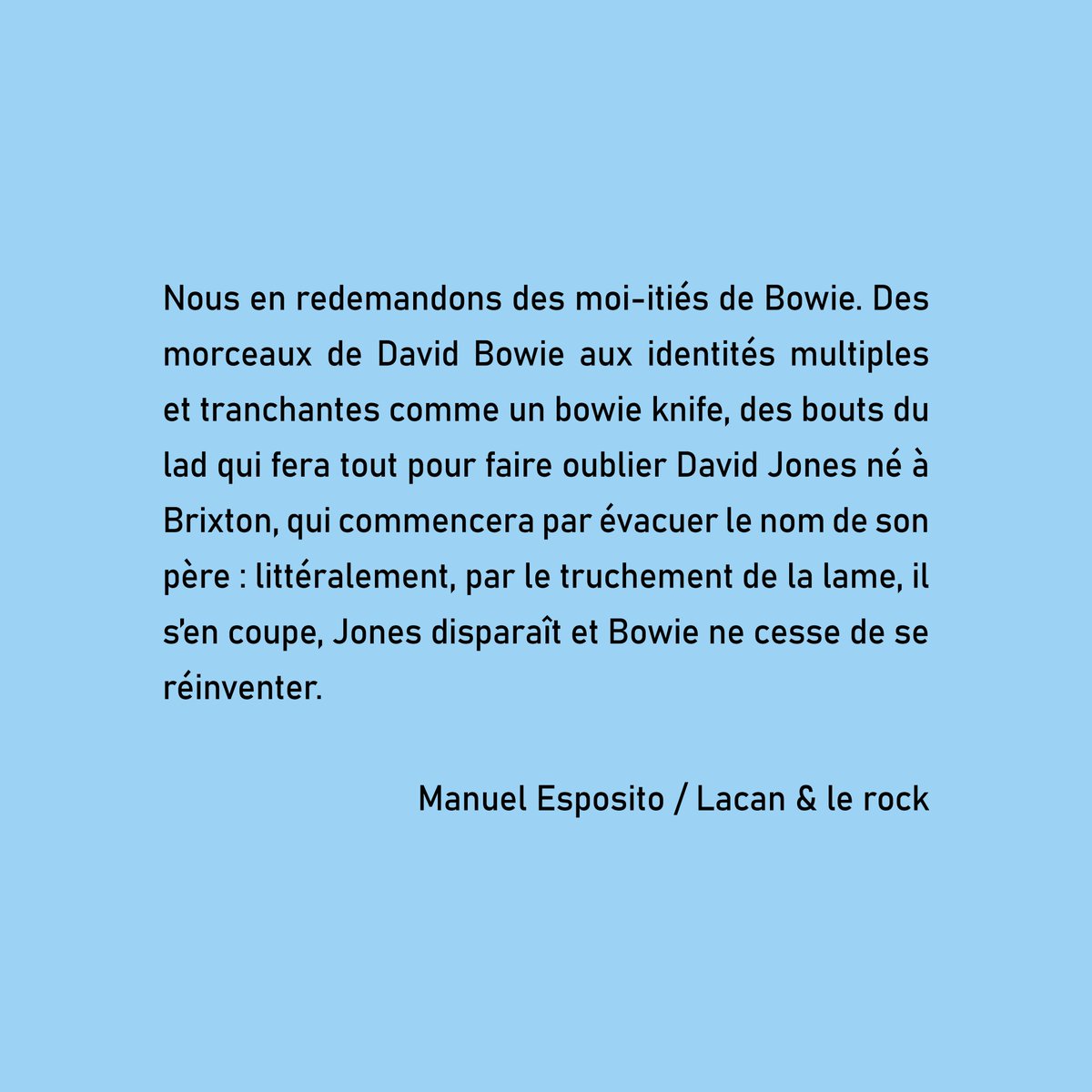 LaVariation's tweet photo. Manuel Esposito / Lacan &amp; le rock 
en librairie depuis le début du mois 
12 x 19 cm / 239 p.  

Saboter le(s) mythe(s) de l'identité avec Lacan et Bowie, en finir avec les discours identitaires par le rock et la psychanalyse ✊

#davidbowie #editionsdelavariation #jacqueslacan https://t.co/W8AXrje7YL