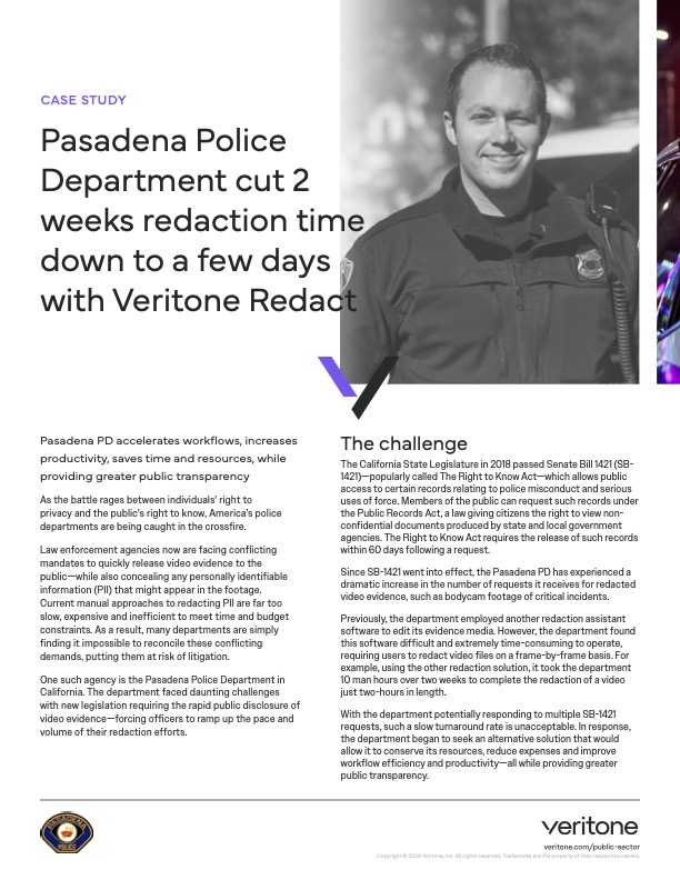 veritoneinc's tweet photo. Veritone has revolutionized redaction for Pasadena PD, transforming lengthy, arduous procedures into swift, efficient workflows. With #VeritoneRedact, they balance public transparency and privacy rights through #AI-powered transcription and PII detection. 🚓🤖 Read it all below⤵️ https://t.co/WgmqcefUx8