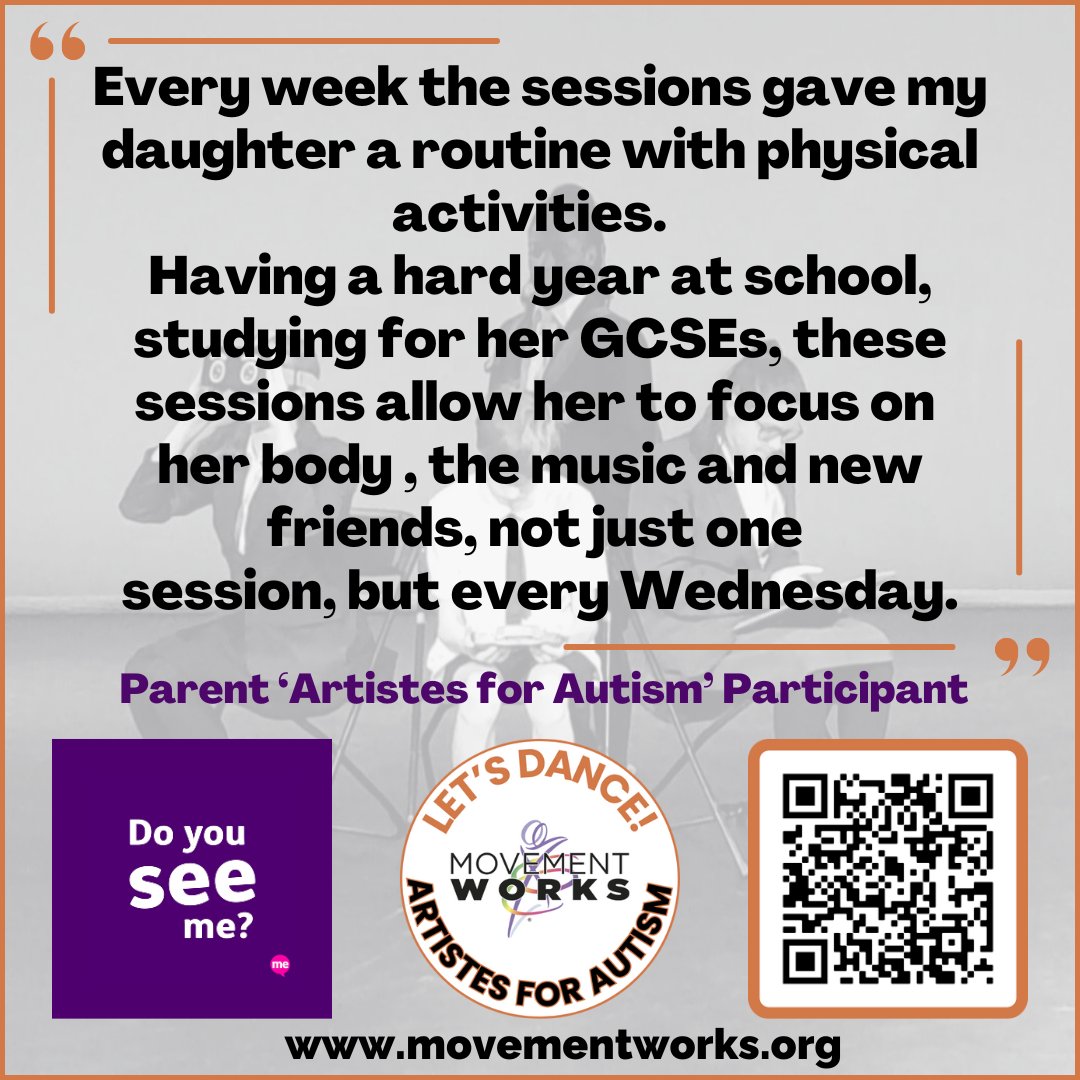 MovementWorksEd's tweet image. Day 5 of #LearningDisabilityWeek2024 - Do you include me?

Sharing the feedback from a parent of one of our #ArtistesForAutism participants

For more information on this project &amp;amp; to view the film sharing the process: bit.ly/mwart4aut 

#DoYouSeeMe? #MovementWorks