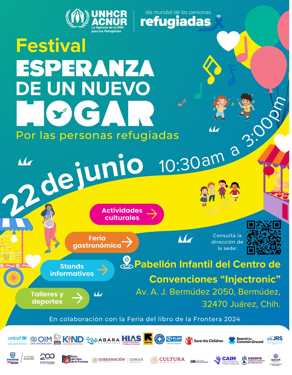 📢Atención #Chihuahua

Te invitamos al "Festival Esperanza de un Nuevo Hogar por las personas refugiadas"

Te esperamos este sábado 🗓️ 22 de junio en el 📍Centro de Convenciones “Injectronic”, desde las ⏰10:30 hrs. habrá actividades culturales, gastronómicas, talleres y deportes