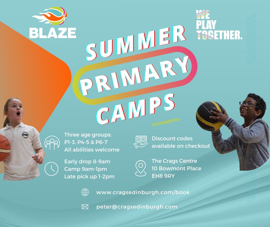 Join us at The Crags Centre for an unforgettable high school basketball camp with Blaze! Whether you're a beginner or an all star, our camps are the perfect place to have fun, improve your skills, and make lifelong friends.

Booking is now open: cragsedinburgh.com/book