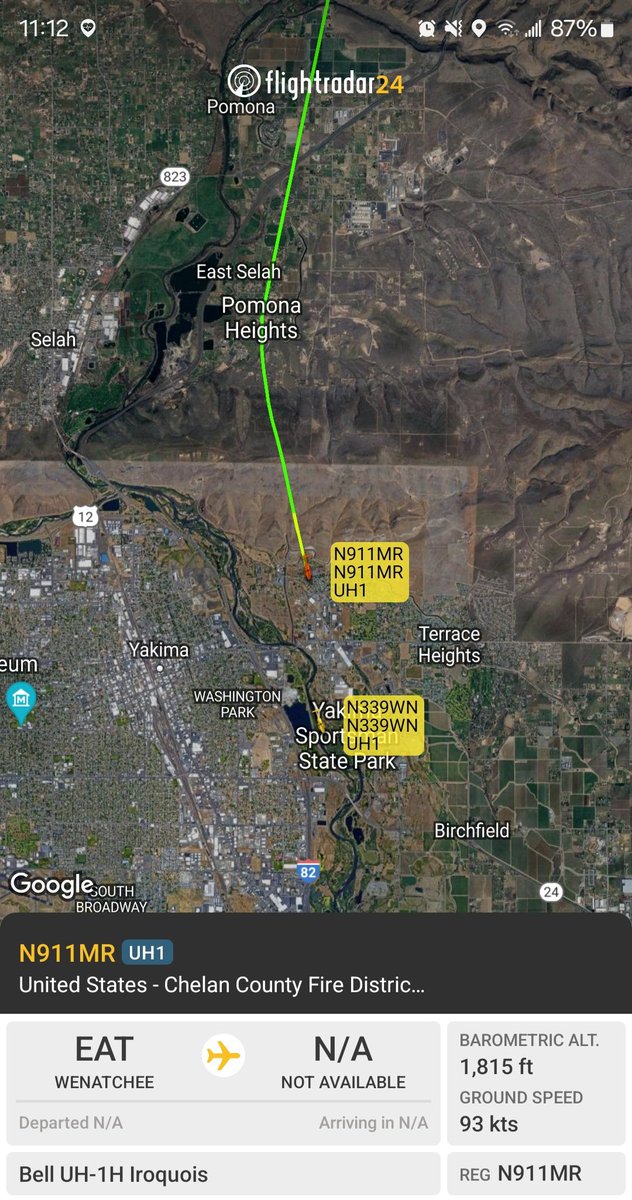 Borrowed7Time's tweet photo. Chelan Co. Fire District UH-1H N911MR #AC9B85 out of Wenatchee is arriving at the #KeysRoadFire in Yakima.
@Wa_fire_watch https://t.co/FOUxd3IHc7