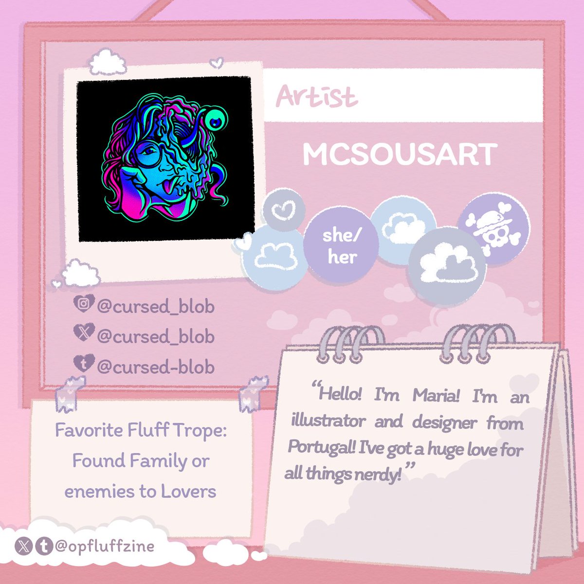 opfluffzine's tweet photo. ☁️ CONTRIBUTOR SPOTLIGHT ☁️

With a little bit of sugar, spice, and everything nice, it's MCSOUSART (@cursed_blob)! We can't wait to see what kind of fluffiness they'll be serving up! 💖 https://t.co/pCQl862suj