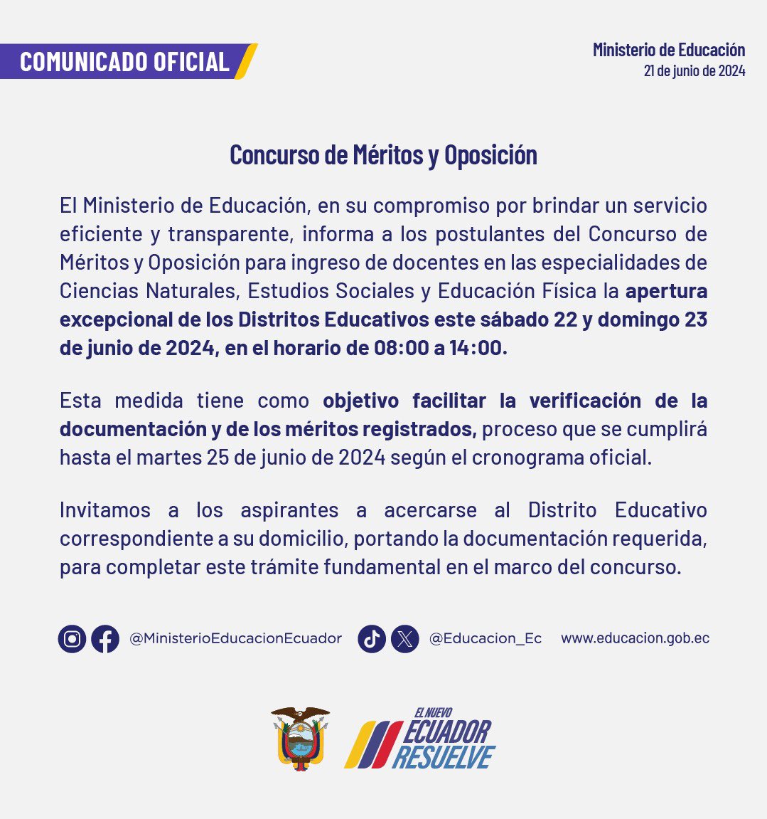 [COMUNICADO] Se informa a los postulantes del Concurso de Méritos y Oposición para ingreso de docentes en las especialidades de:

🔹 Ciencias Naturales.
🔹 Estudios Sociales.
🔹 Educación Física.

Se realizará una apertura excepcional de los Distritos Educativos este sábado 22 y