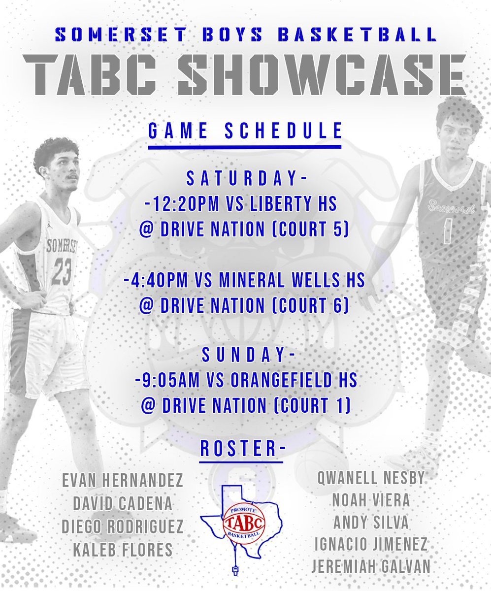 Headed to Dallas today to play in the TEXAS ASSOCIATION OF BASKETBALL COACHES (TABC) Showcase! This will be the third year in which UIL allows the teams high school coach to coach their team during a summer event. This is going to be fun!
<a href="/Tabchoops/">𝙏𝘼𝘽𝘾🏀📋</a> <a href="/SomersetAth1/">Somerset Bulldogs Athletics</a>
