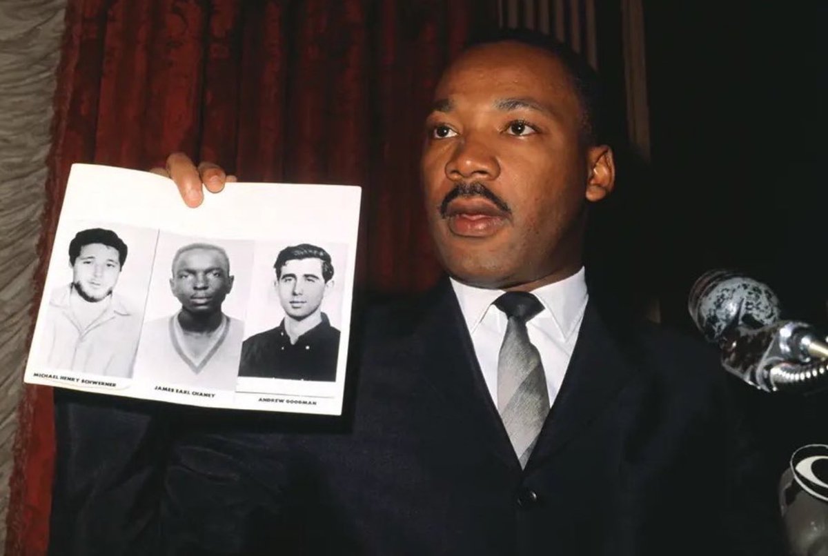 James Chaney. 
Andrew Goodman. 
Michael Schwerner. 

Say their names. 
Tell their stories. 

They were Freedom Summer activists working to increase Black voter turnout in Mississippi in the summer of 1964. 

60 years ago today, a group of more than 20 KKK members killed them near