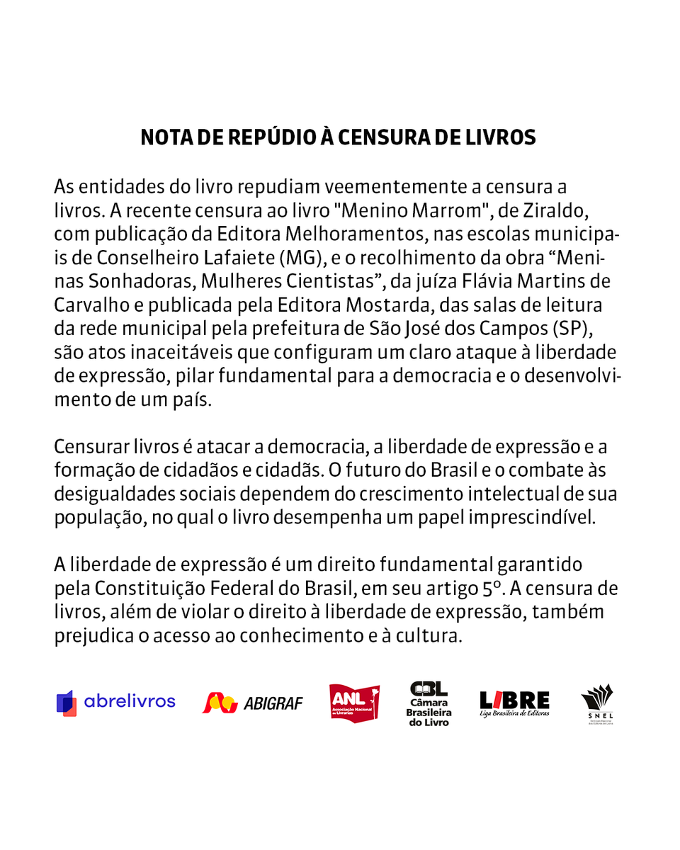 CBL_oficial's tweet photo. As entidades do livro Abigraf, Abrelivros, ABRALE, ANL, CBL, LIBRE e SNEL repudiam veementemente a recente censura de livros.

#Abigraf #Abrelivros #ABRALE #ANL #CBL #LIBRE #SNEL #censura https://t.co/O8mPzX7WyD